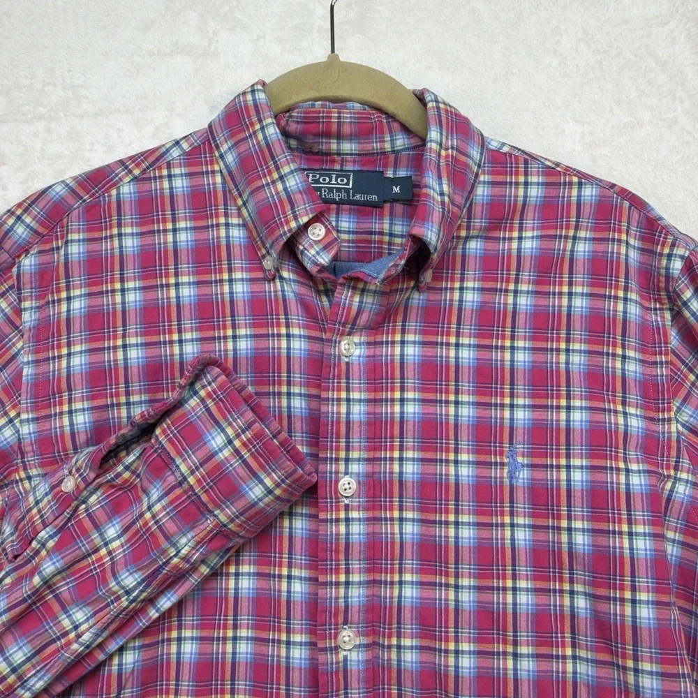 Polo Ralph Lauren Plaid Button Down Shirt Red Chambray‎ Lined Mens Medium
